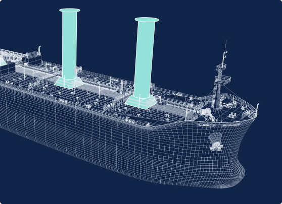 Illustration of two rotor sails in situ on a the deck of a tanker vessel