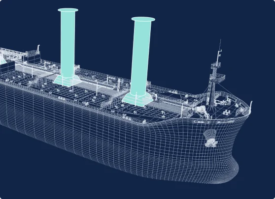 Illustration of two rotor sails in situ on a the deck of a tanker vessel