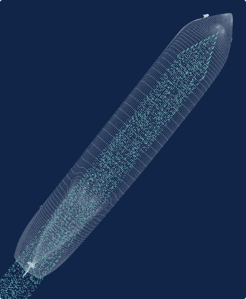 Line illustration of bottom of tanker vessel with air bubble stream underneath