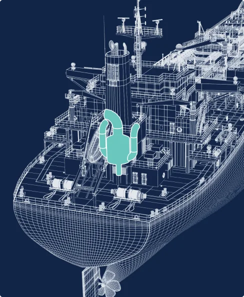 Line illustration of scrubber in situ on back of tanker vessel